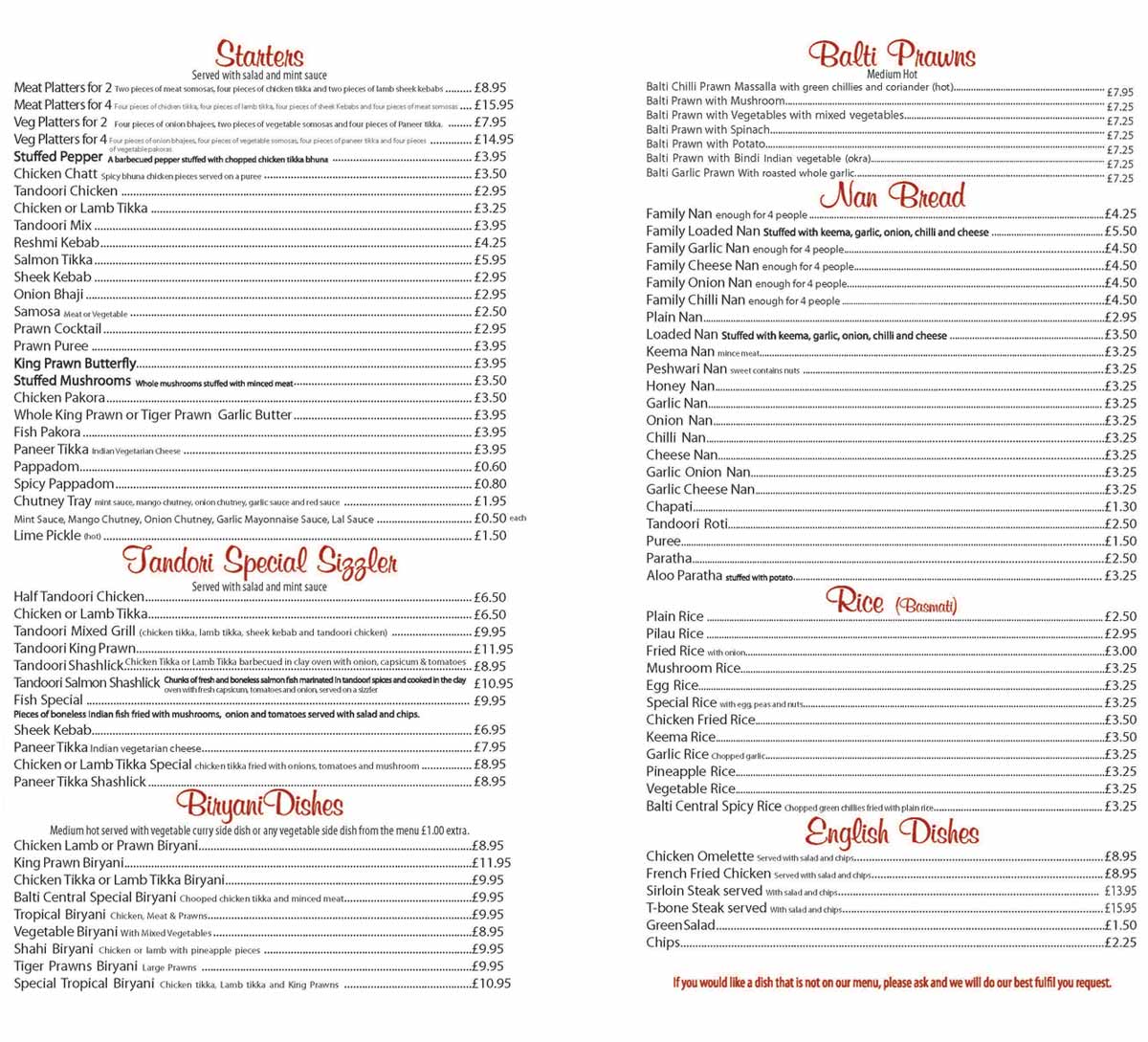 Balti Central Restaurant menu-page 1