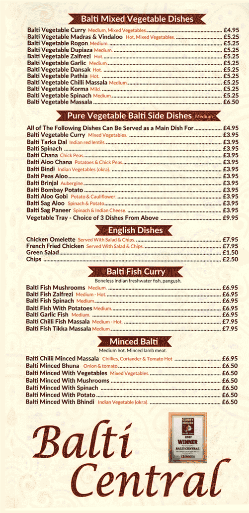 Balti Central take-away menu page 1